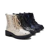Susiecloths Women Sexy Sequin Lace-Up Ankle Chunky Heel Boots