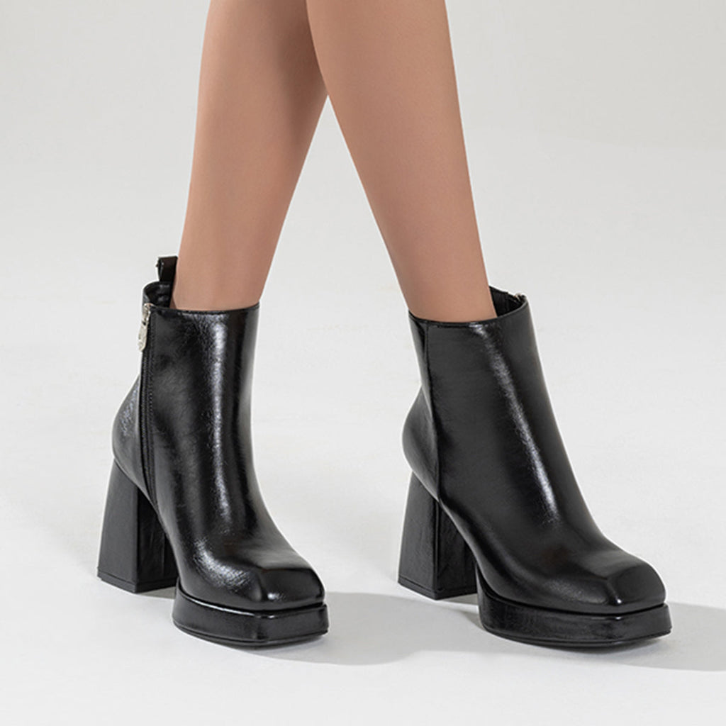 Susiecloths Black Square Toe Platform Chunky Heeled Ankle Boots