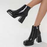 Susiecloths Black Square Toe Platform Chunky Heeled Ankle Boots