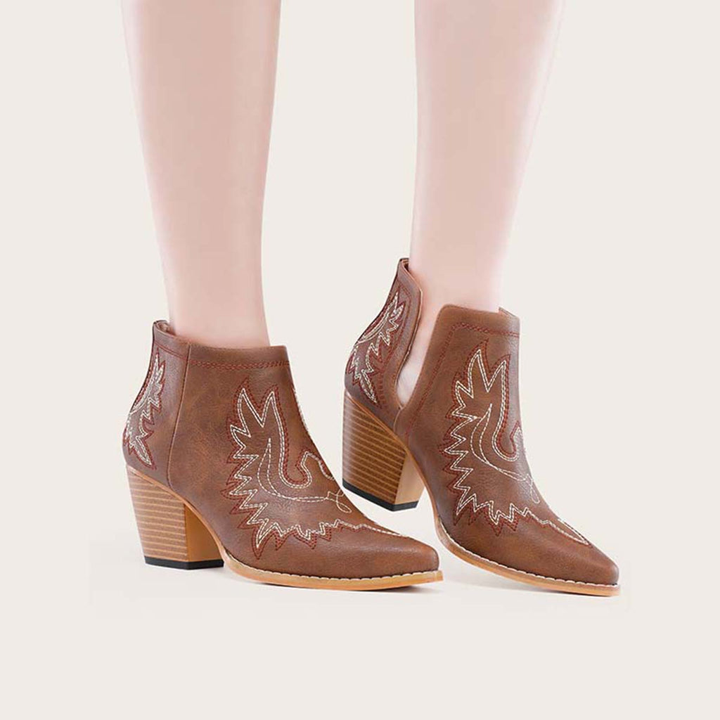 Susiecloths Coutout Western Cowgirl Boots Slip on Chunky Heel Ankle Booties