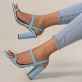 Susiecloths Square Toe Chunky Heel Sandals Elastic Ankle Straps Dressy Shoes