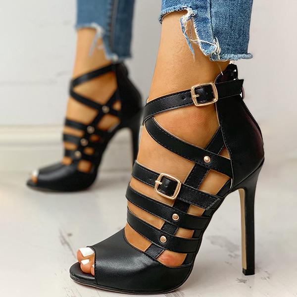 Susiecloths Solid Hollow Out Ankle Strap Thin Heeled Sandals