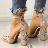 Susiecloths Floral Embroidered Pointed Toe Chunky Heeled Sandals