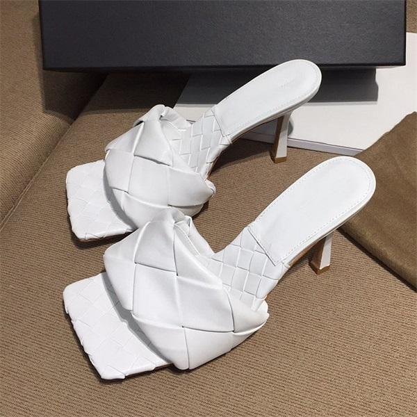 Susiecloths Square Open Toe Heeled Woven Leather Mule Slip On Quilted High Heels