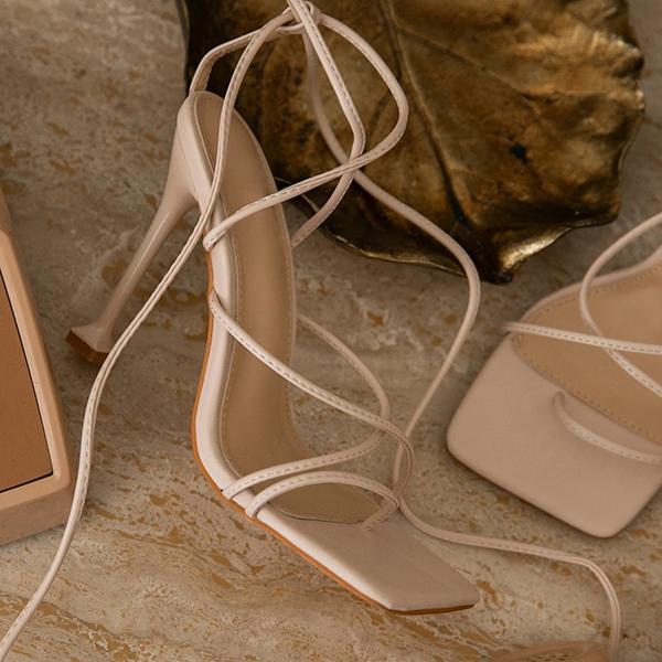 Susiecloths Around-The-Ankle Lace-Up Closure Open Squared Toe Heels