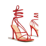 Susiecloths Lace-Up Open Squared Toe Thong Strap Heels
