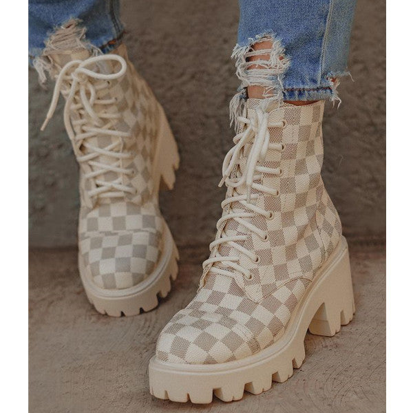 Susiecloths Checkerboard Pattern Lace Up Chunky Sole Boots