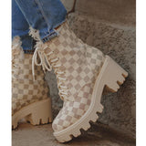 Susiecloths Checkerboard Pattern Lace Up Chunky Sole Boots