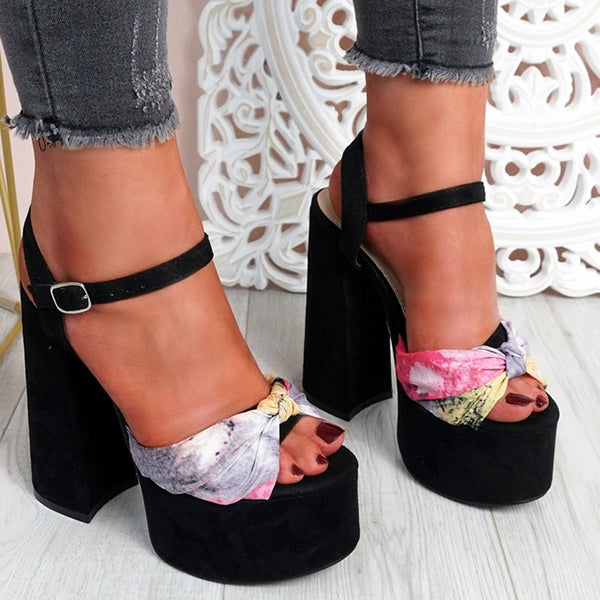 Susiecloths Ankle Strap Front Bow High Block Heel Sandals