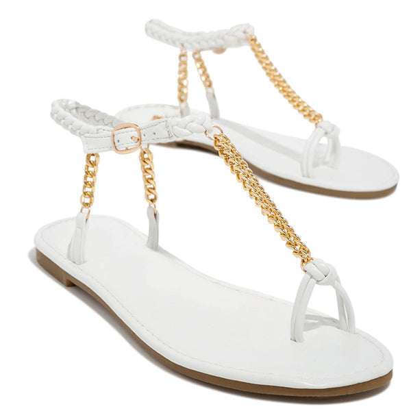Susieclothss Gold-Tone Chain Braided Ankle Strap Toe Loop Sandals