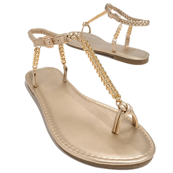 Susieclothss Gold-Tone Chain Braided Ankle Strap Toe Loop Sandals