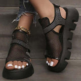 Susiecloths Rhinestone Hollow-Out Velcro Solid Color Platform Sandals