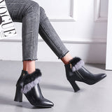 Susiecloths Pointed Toe Side Zipper Fur Chunky High-Heel Boots