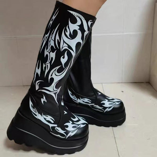 Susiecloths Punk Print Platform Soft Leather Tall Boots