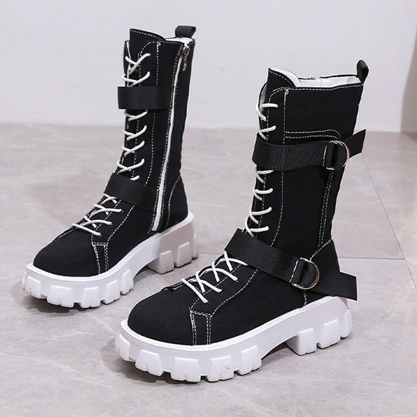 Susiecloths Canvas High-Top Platform Lace-Up Motorcycle Boots