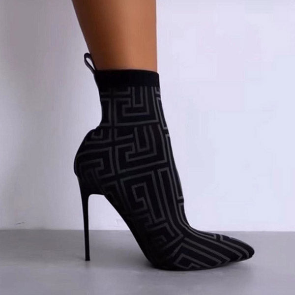 Susiecloths Geometric Slip-On Pointed Toe Stiletto Heel Cotton Boots