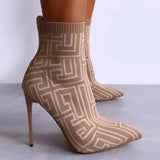 Susiecloths Geometric Slip-On Pointed Toe Stiletto Heel Cotton Boots