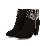 Susiecloths Rhinestone Frosted Chunky Heel Short Boots