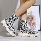 Susiecloths Lace-Up Front Leopard Round Toe Block Heel Thread Boots