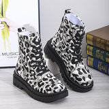 Susiecloths Lace-Up Front Leopard Round Toe Block Heel Thread Boots