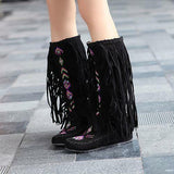 Susiecloths Ethnic Tassels Floral Embroidery Mid Calf Boots