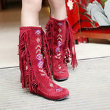 Susiecloths Ethnic Tassels Floral Embroidery Mid Calf Boots