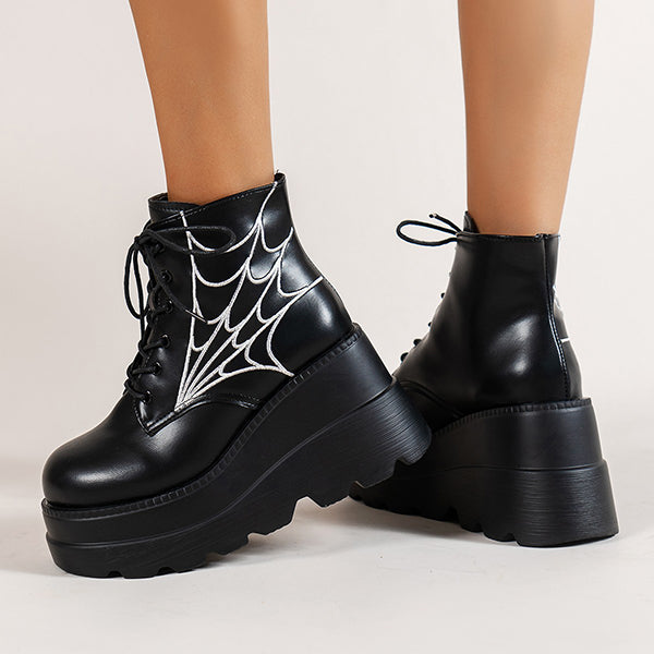 Susiecloths Round Toe Spider Web Print Platform Boots