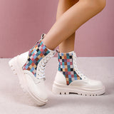 Susiecloths Colorful Plaid British Style Lace-Up Boots
