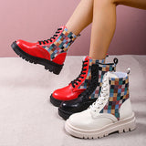 Susiecloths Colorful Plaid British Style Lace-Up Boots