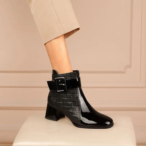 Susiecloths Patent Colorblock Buckle Ankle Booties