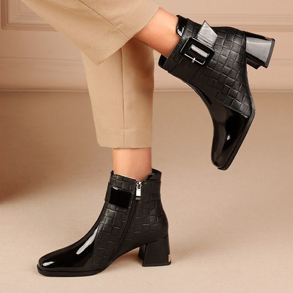 Susiecloths Patent Colorblock Buckle Ankle Booties