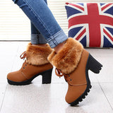 Susiecloths Winter Warm Fuzzy Lace-Up Block Heeled Boots