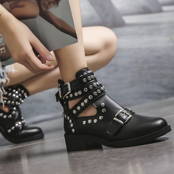 Susiecloths Studded Cut Out Buckle Strap Chunky Heel Boots