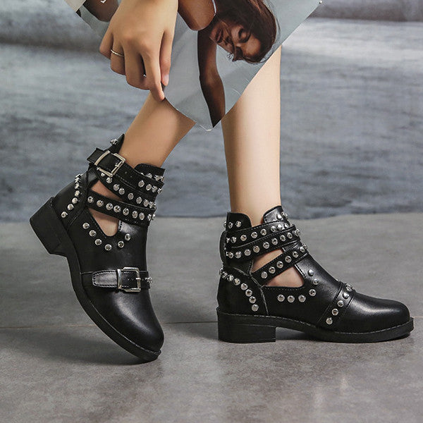 Susiecloths Studded Cut Out Buckle Strap Chunky Heel Boots