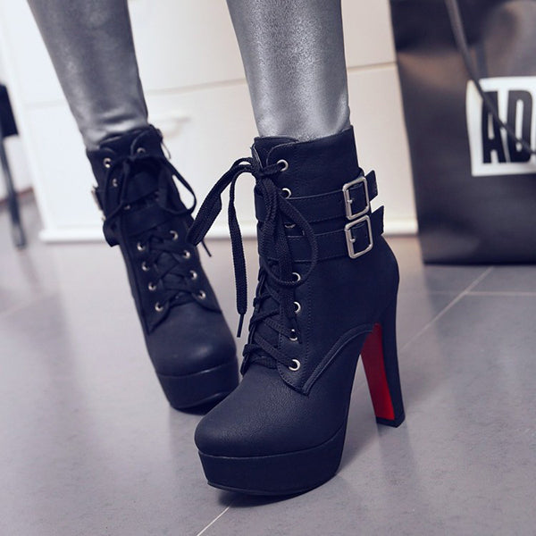 Susiecloths Stylish Lace Up Thick Heel Ankle Combat Boots