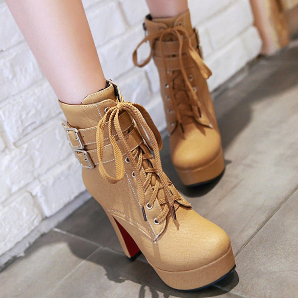 Susiecloths Stylish Lace Up Thick Heel Ankle Combat Boots