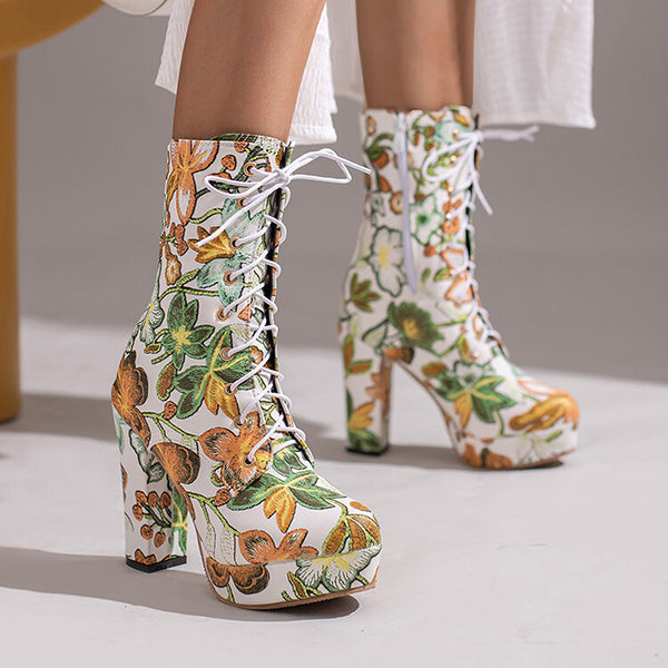Susiecloths High Block Heel Floral Bohemian Lace Up Ankle Boots