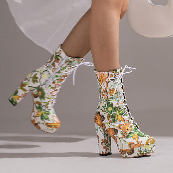 Susiecloths High Block Heel Floral Bohemian Lace Up Ankle Boots