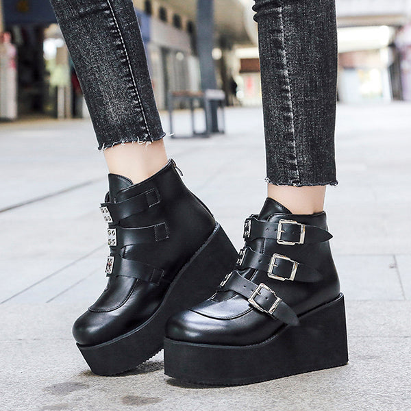 Susiecloths Casual Punk Platform Thick Heel Buckle Strap Boots