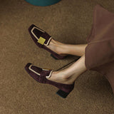 Susiecloths Elegant Suede Square Toe Chunky High Heels