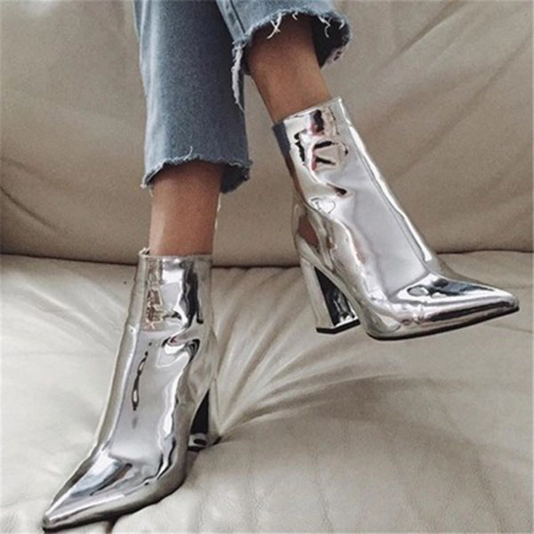 Susiecloths Patent Pointed Toe Chunky Zipper Heeled Boots