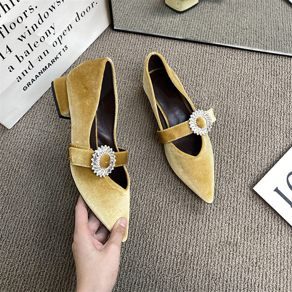 Susiecloths Pointed Toe Suede Rhinestone Buckle Mary Jane Shoes