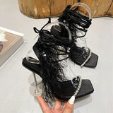 Susiecloths Fluffy Feather Rhinestone Lace Up Clear Heels