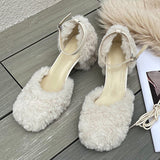 Susiecloths Square Toe Fuzzy Chunky Heeled Lace-Up Pumps