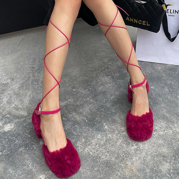 Susiecloths Square Toe Fuzzy Chunky Heeled Lace-Up Pumps
