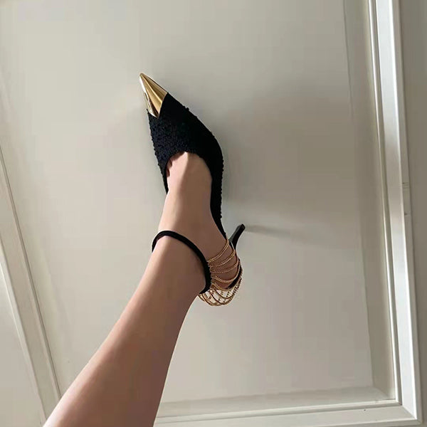Susiecloths Sexy Metal Pointed Toe Chain High Heeled Pumps