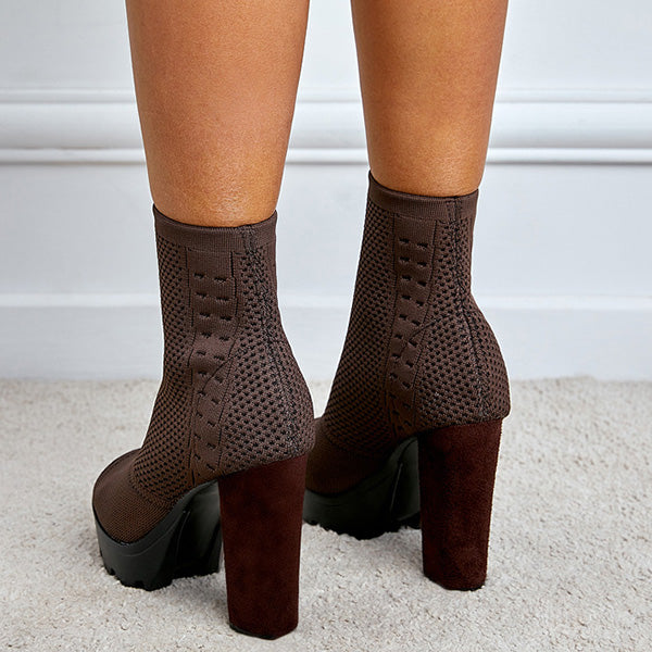 Susiecloths Peep Toe Slip-On Elastic Chunky Heel Boots