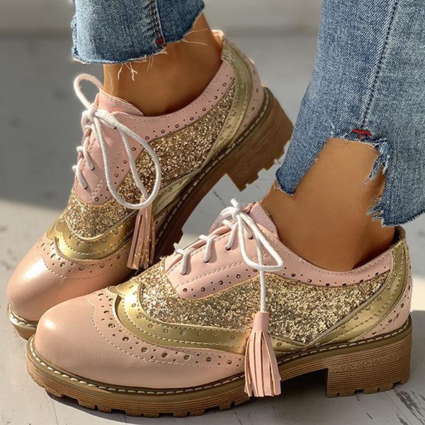 Susiecloths Lace-Up Sequins Insert Chunky Heeled Boots