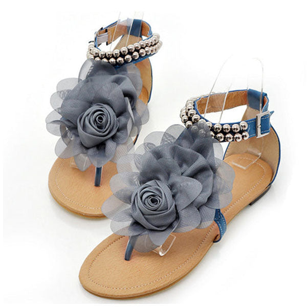 Susiecloths 3D Flower String Beads Ankle Straps Flat Sandals