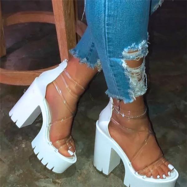 Susiecloths Chunky Heel Zipper Open Toe Strappy See-Through Sandals